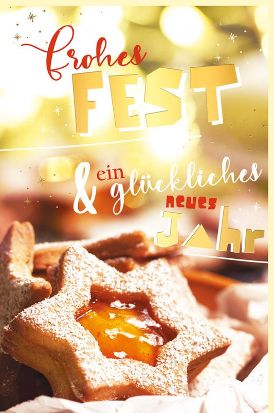 Weihnachtsgrußkarte mit Goldfolie & Gebäck - Motiv - Traditioneller Festtagsgruß in Rot und Gold für Familie und Freunde