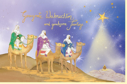Weihnachtsgrußkarte mit Goldfolie & Prägung - Heilige Drei Könige | Elegantes Sternsinger Design in Gold & Beige für Familie & Freunde