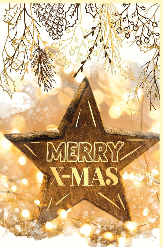 Weihnachtsgrußkarte mit Goldfolie und Holzstern - Festliche Grüße in warmen Farben für Familie und Freunde
