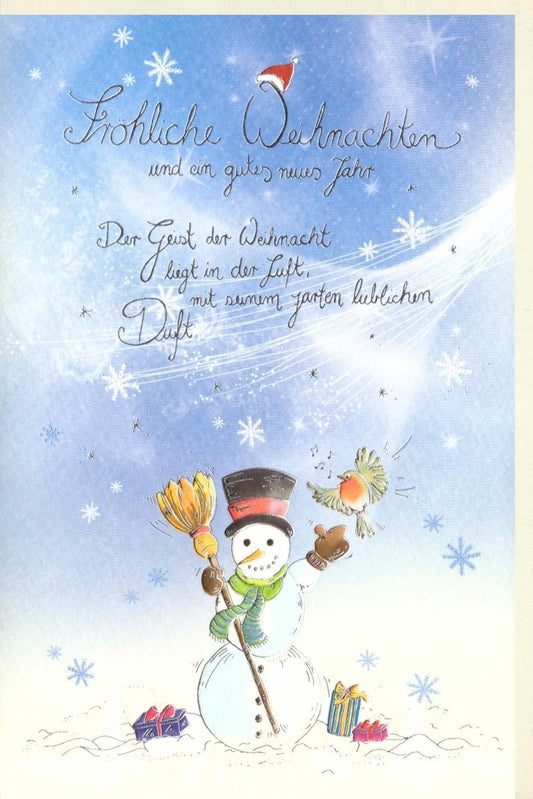 Weihnachtsgrußkarte mit handgemaltem Schneemann, Premium Naturpapier & Silberfolie, Glitzer - Effekt