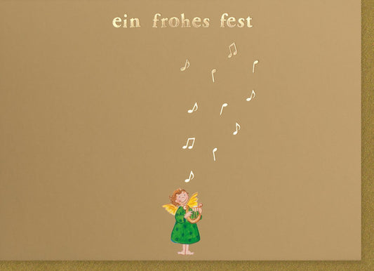 Weihnachtsgrußkarte mit Pantone - Goldfolie, Engel & Musiknoten – Festliche Grüße zum Frohen Fest