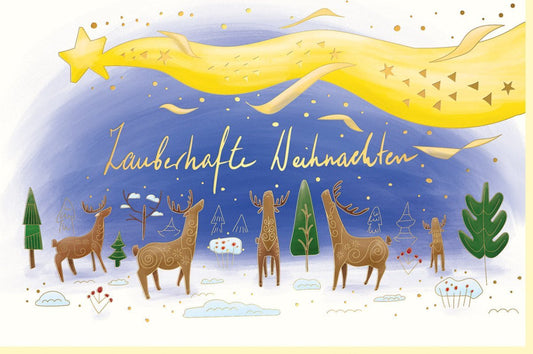 Weihnachtsgrußkarte mit Rentieren - Sternenhimmel & Winterlandschaft, Frohe Festtage mit Schnee, Tannenbaum & Geschenken