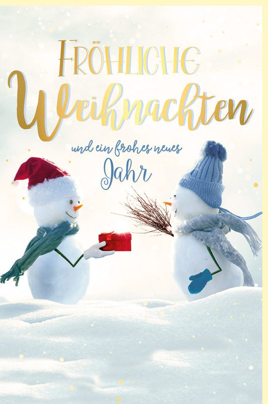 Weihnachtsgrußkarte mit Schneemännern und Goldfolie - Eleganter Gruß für Familie & Freunde, Festliche Grüße in Rot, Weiß & Gold