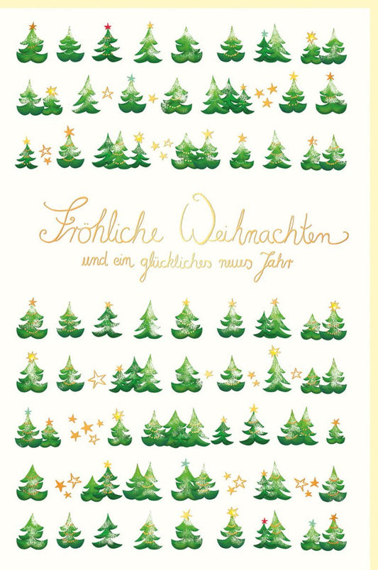 Weihnachtsgrußkarte mit Tannenbaum - Design – Naturkarton, Waldmotiv, grün - goldene Details für festliche Grüße an Familie & Freunde