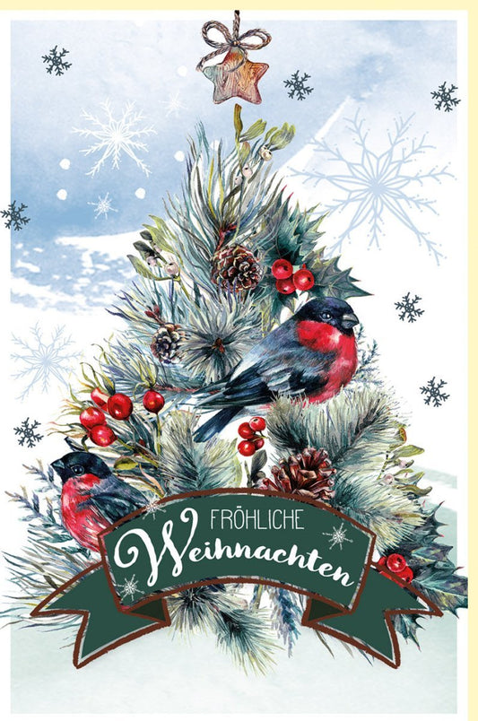 Weihnachtsgrußkarte mit Tannenzweig - Motiv, Rotkehlchen & Schneebeeren - Festliches Blau - Weiß Design für Familie und Freunde