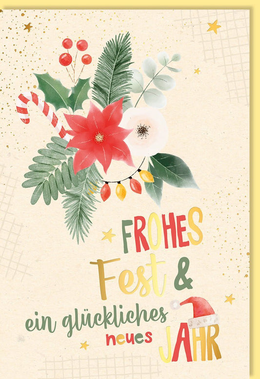 Weihnachtsgrußkarte mit Vintage Poinsettia & Eukalyptus, Zuckerrohrpapier & Goldfolie, Handgeschriebene Grüße für festliche Stimmung