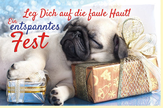 Weihnachtsgrußkarte: Mops - Motiv "Gemütliches Fest" - Hundeliebe & Spruch für tierverliebte Weihnachten