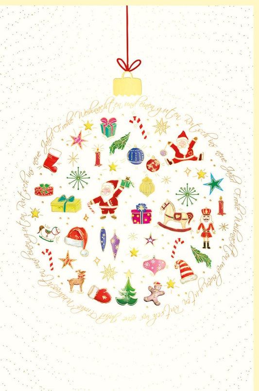 Weihnachtsgrusskarte Naturkarton - Festliche Motive mit Kugeln, Sternen, Tannenbaum, Schneeflocken & Geschenken