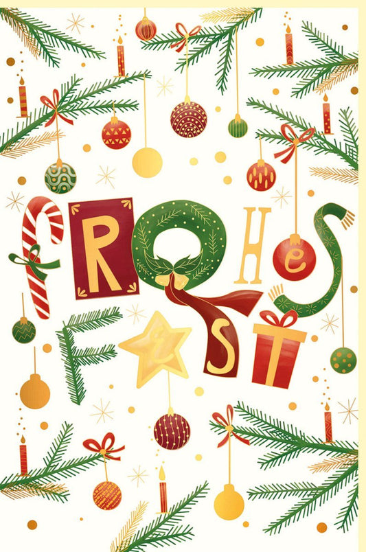 Weihnachtsgrußkarte Naturkarton mit Tannenzweigen & Baum - Elegante Grüntöne und Gold für Familie & Freunde, mit Kugeln, Sternen & Geschenken