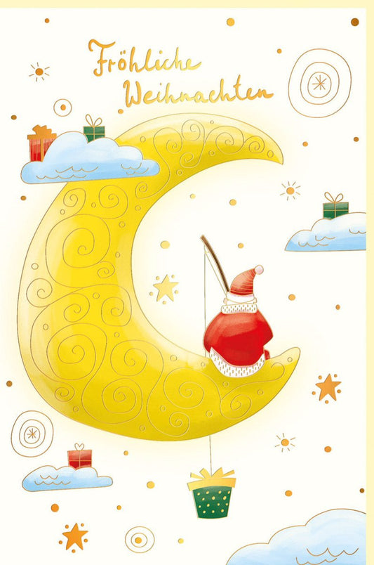 Weihnachtsgrußkarte - Naturkarton mit Weihnachtsmann, Mond & Angeln, Gelbe Sterne und Wolken - Perfekt für Familie und Freunde