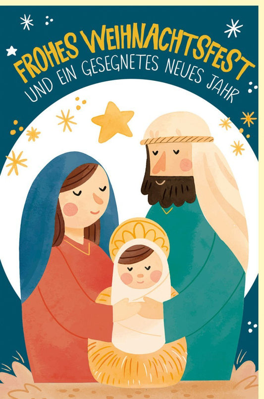 Weihnachtsgrußkarte Naturkarton - Traditionelle Krippe mit Maria & Joseph, Festliche Segenswünsche für Frieden & Liebe im Neuen Jahr