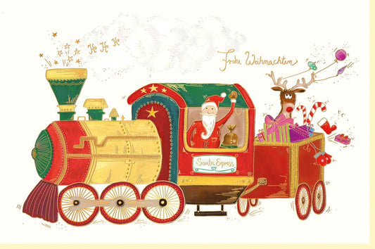 Weihnachtsgrußkarte: Nostalgische Lokomotive & Weihnachtsmann mit Goldfolie und Prägung für stilvolle Festtagsgrüße