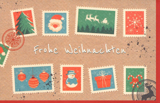 Weihnachtsgrußkarte: Nostalgischer Santa & Rentiere, Festliche Motive mit Tannenbaum & Schneemann auf Kraftpapier