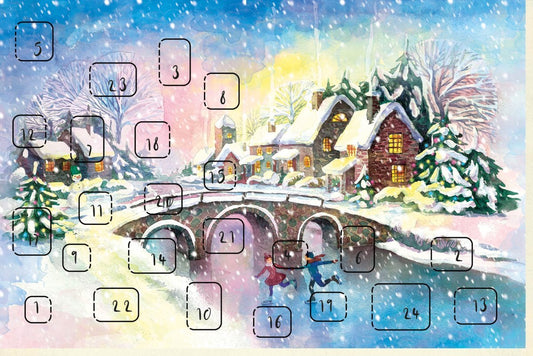 Weihnachtsgrußkarte - Schneebedecktes Dorf mit Brücke & Fluss, Kinder im Winterzauber, Festliche Grüße