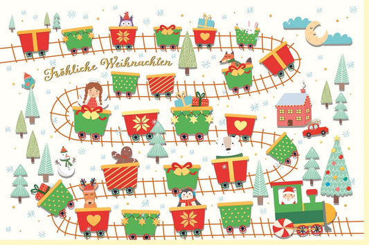 Weihnachtsgrußkarte: Schneemann und Winterlandschaft für Familie & Freunde - Mit Tannenbaum und Schlittenmotiv