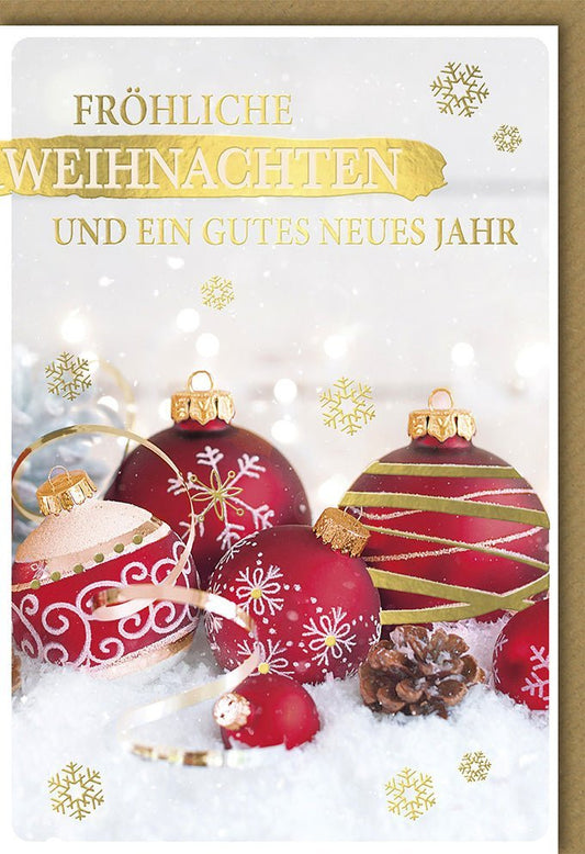 Weihnachtsgrußkarte – Stilvolle Festtagsgrüße mit Schneeflocken, Kugeln & Gold für besinnliche Feiertage