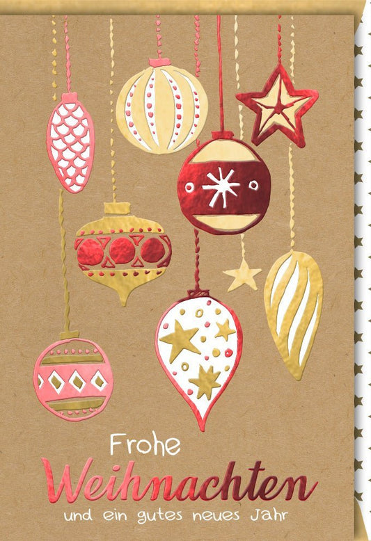 Weihnachtsgrußkarte - Vintage Design mit Goldakzenten, Christbaumkugeln, Festliche Papierstruktur, Frohe Weihnachten & Neujahrswünsche