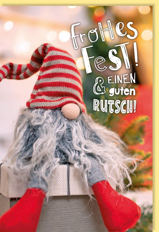 Weihnachtsgrußkarte - Wichtel - Mützen - Design "Frohes Fest & Guten Rutsch", Rot - Weiß, Perfekt für festliche Grüße und Winterdekoration