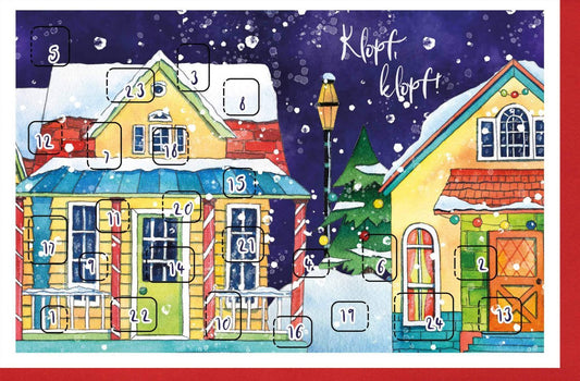 Weihnachtsgrußkarte - Winterliche Szenerie mit Schneehäusern und Sternenhimmel für festliche Dezemberstimmung