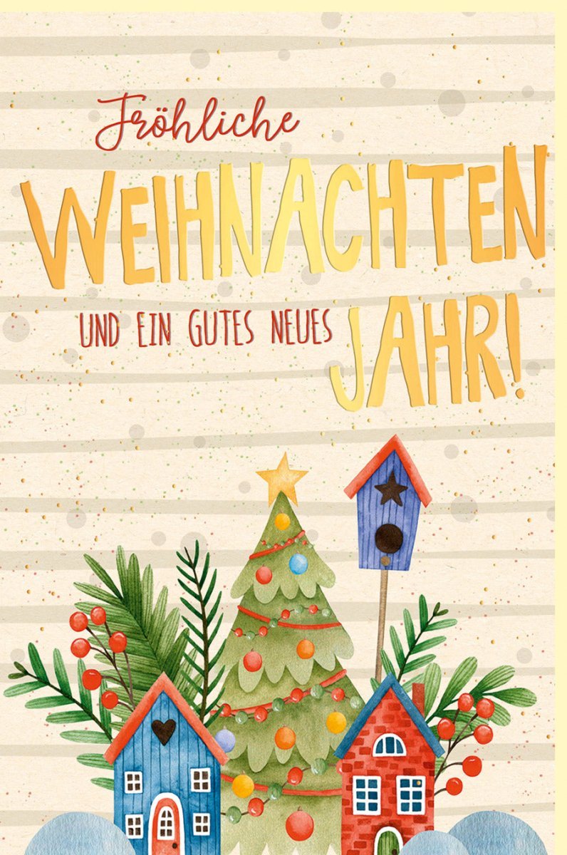 Weihnachtskarte aus nachhaltigem Zuckerrohrpapier, festliche Holzhäuser in warmen Farben, idealer Gruß für Familie & Freunde