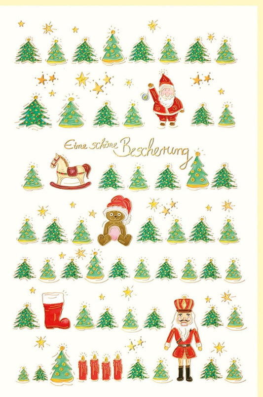 Weihnachtskarte aus Naturkarton – Festlicher Gruß mit Tannenbäumen, Nussknacker & Rentier für besinnliche Feiertage