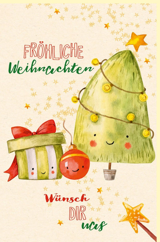 Weihnachtskarte aus Zuckerrohrpapier – Festliche Grüße mit Tannenbaum, Stern & Schmuck in Grün, Rot & Gold für Ihre Liebsten