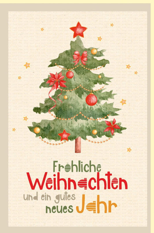 Weihnachtskarte aus Zuckerrohrpapier in Neonfarben – Festlicher Weihnachtsgruß mit Baum - Motiv in Grün, Rot & Gold für Familie und Freunde