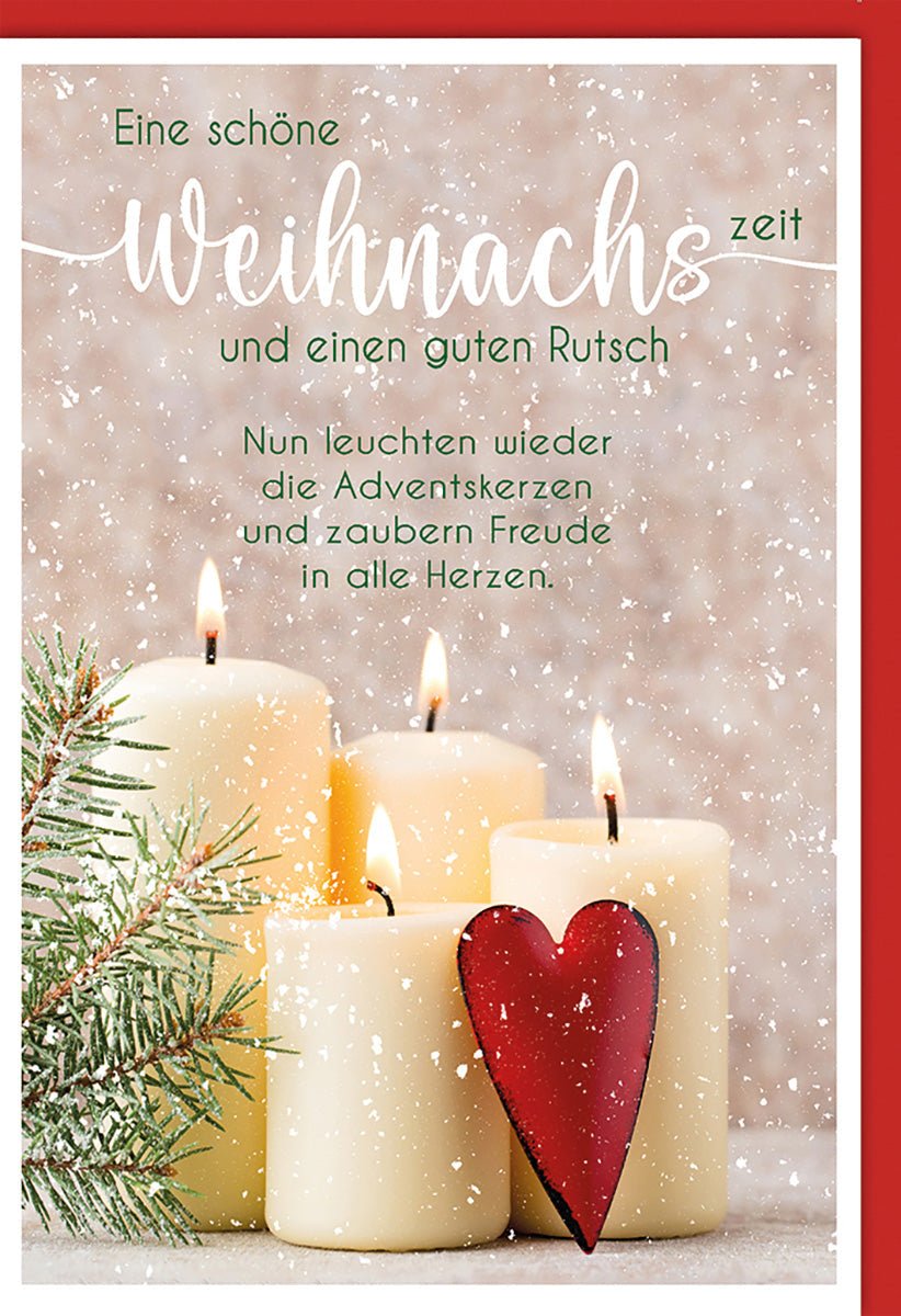 Weihnachtskarte Besinnlich – Adventskerzen mit rotem Herz und Schneeflocken - Design