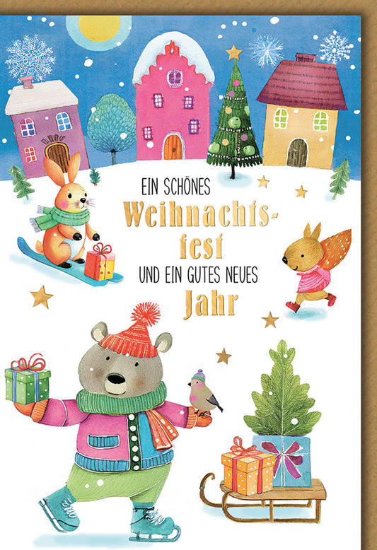 Weihnachtskarte Tiere – Bär mit Geschenken und winterliche Dorfkulisse in Aquarell