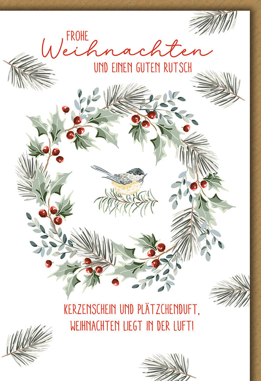 Weihnachtskarte Tiere – Vogel im Kranz mit Tannenzweigen und Beeren-Illustration