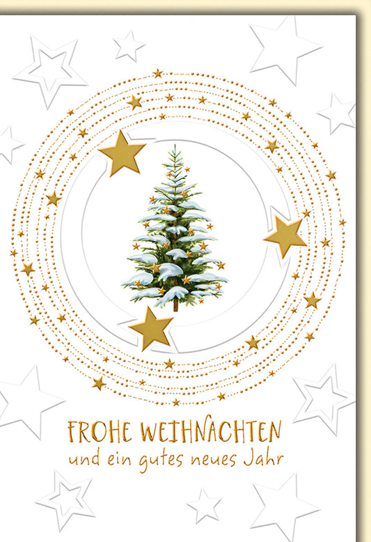 Weihnachtskarte Traditionell – Schneebedeckter Tannenbaum mit Goldsternen und Sternenhimmel
