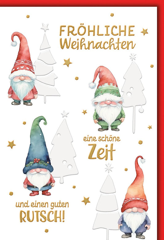 Weihnachtskarte Familie – Bunte Wichtel mit Weihnachtsbäumen und Goldakzenten