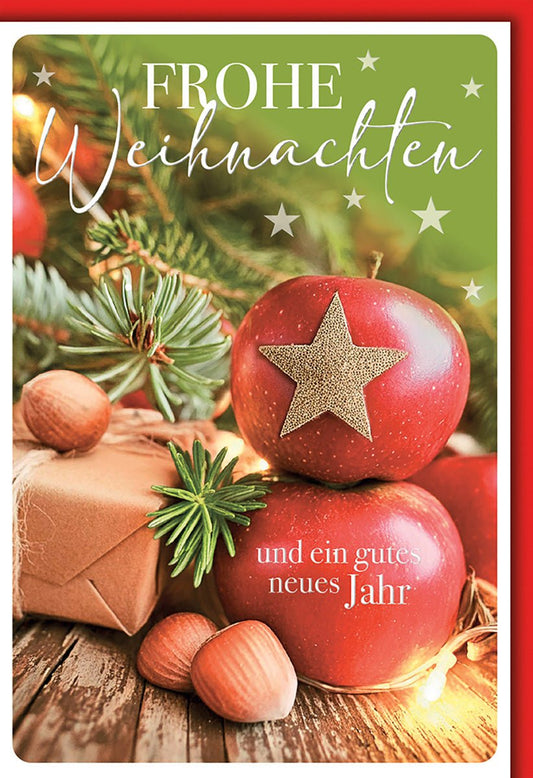 Weihnachtskarte Familie – Rote Äpfel mit Stern und Nüssen auf Holz in festlichem Design