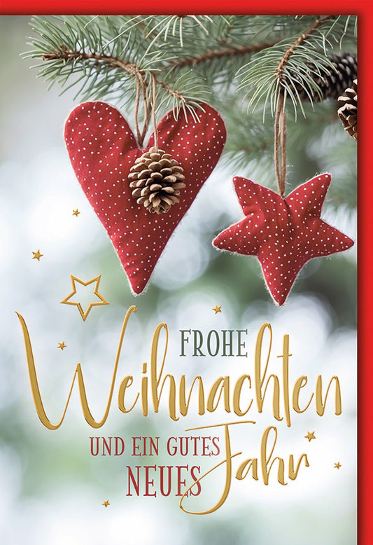 Weihnachtskarte Familie – Rotes Herz und Stern mit Tannenzapfen auf Tannenzweig