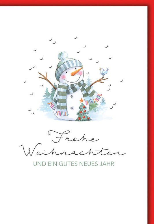 Weihnachtskarte Familie – Schneemann mit Vogel und Tannenbaum in Aquarelloptik