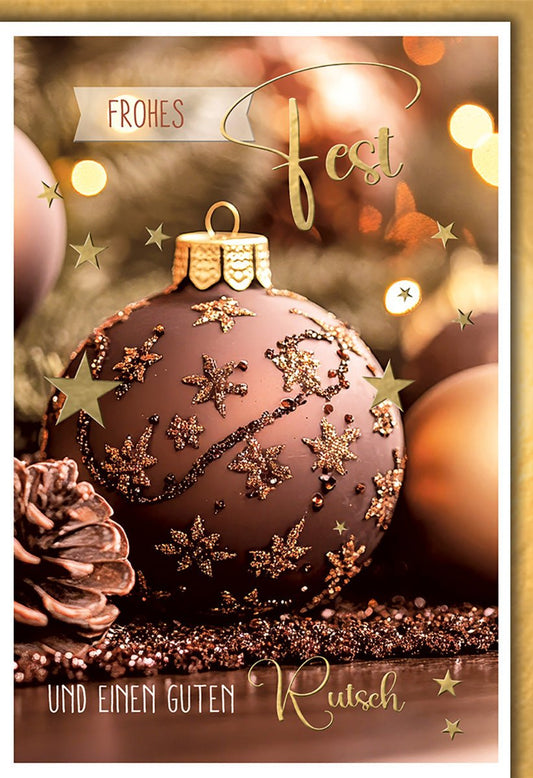 Weihnachtskarte Festlich – Goldene Kugel mit Sternen und Tannenzapfen in Glanzoptik
