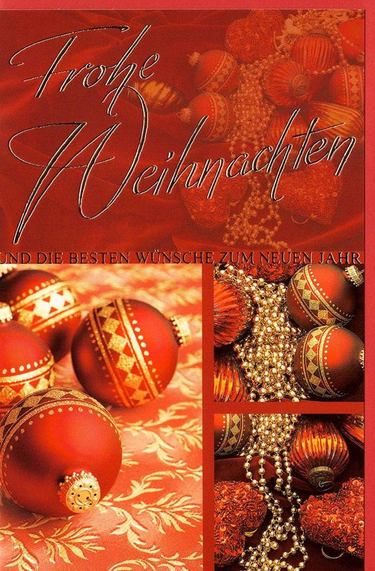 Weihnachtskarte festliche Grußkarte mit roten Christbaumkugeln und goldenen Perlen Frohe Weihnachten und Neujahrswünsche elegant