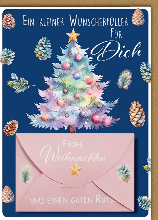 Weihnachtskarte für Freunde – Bunter Tannenbaum mit Umschlag und Zapfenmuster