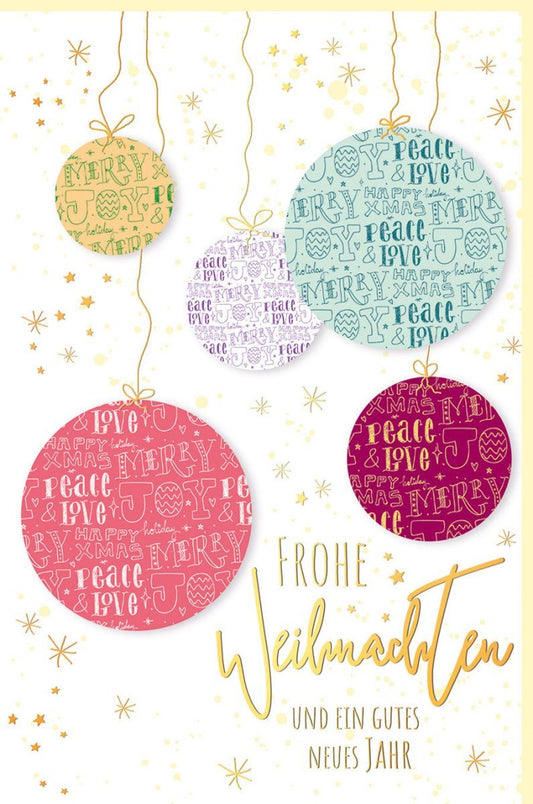 Weihnachtskarte Geschäftlich - Eleganter Gruß mit Goldenen Kugeln auf Naturkarton, Warme Gelbtöne für Familie und Freunde - "Frohe Weihnachten & Glückliches Neujahr"