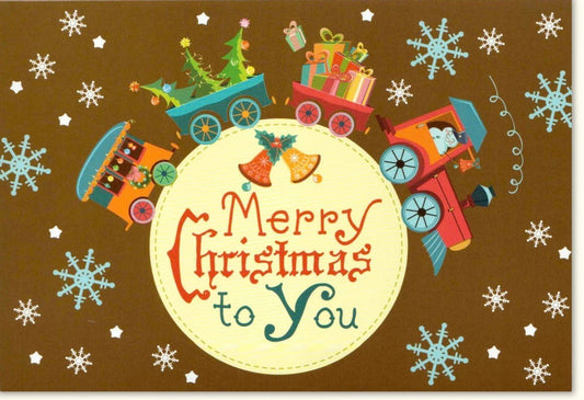 Weihnachtskarte im Retro - Design: Vintage Gruß mit Mond, Eisenbahn & Schneeflocken in Braun, Grün & Rot - Traditionelle Festtagsgrüße