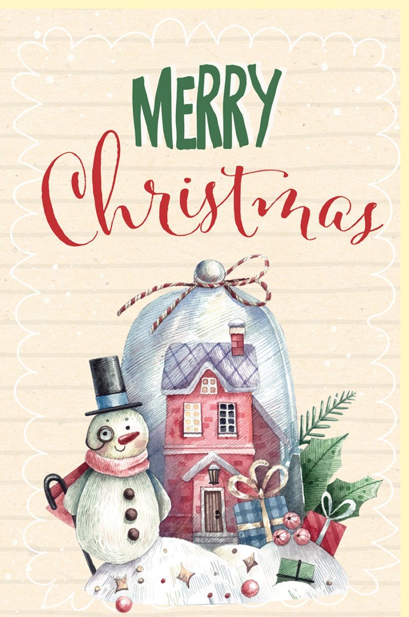 Weihnachtskarte im Vintage - Stil: Schneemann - Motiv auf Zuckerrohrpapier mit Tannenzweig und Baumkugel in warmen Festtagsfarben.