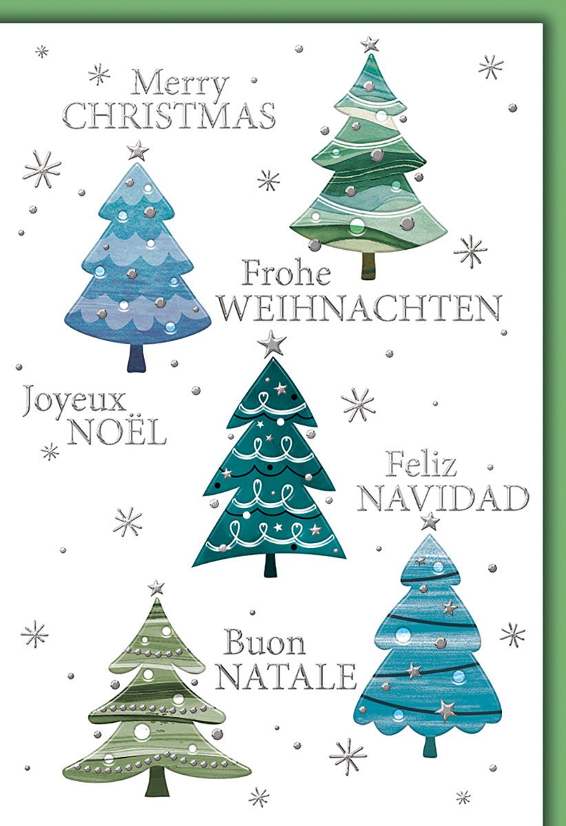 Weihnachtskarte International – Fünf Tannenbäume mit Frohe Weihnachten in 5 Sprachen