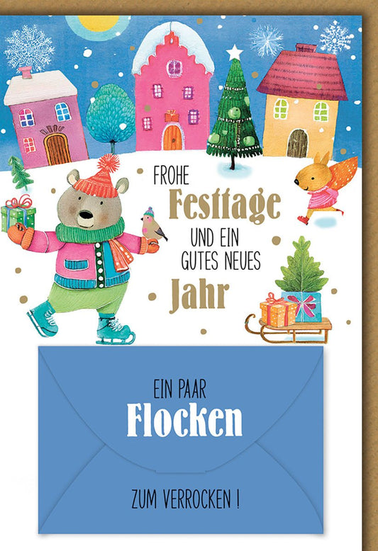 Weihnachtskarte Kinder – Bär und Fuchs im Winterdorf mit Schneeflocken und Humor