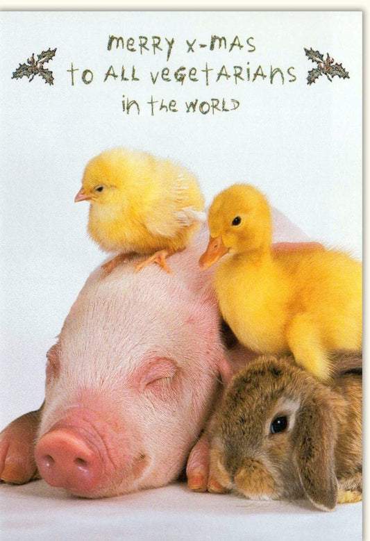 Weihnachtskarte Lustig für Vegetarier: Humorvolle Tierfreundschaft mit Schwein, Küken & Hase - Festliche Grüße voller Witz und Tierliebe