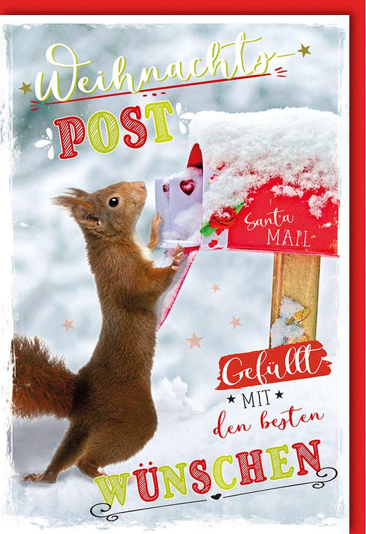 Weihnachtskarte mit Eichhörnchen am Briefkasten Santa Mail verschneite Winterlandschaft gefüllt mit den besten Wünschen
