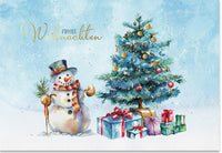 Weihnachtskarte mit fröhlichem Schneemann und festlich geschmücktem Tannenbaum