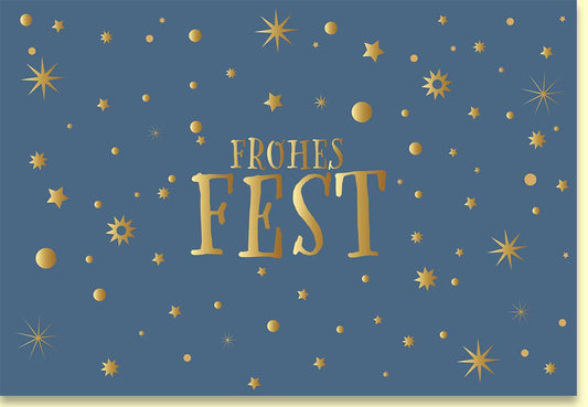 Weihnachtskarte mit funkelnden goldenen Sternen und festlichem Schriftzug