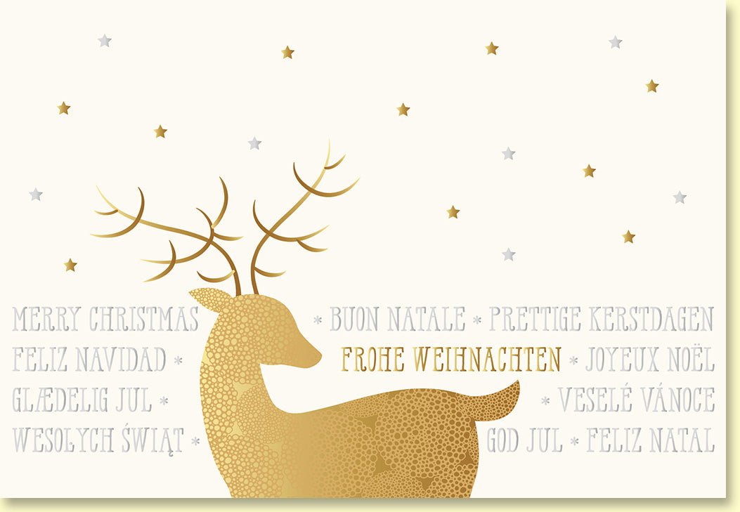 Weihnachtskarte mit goldenem Reh und funkelnden Sternen im festlichen Glanz