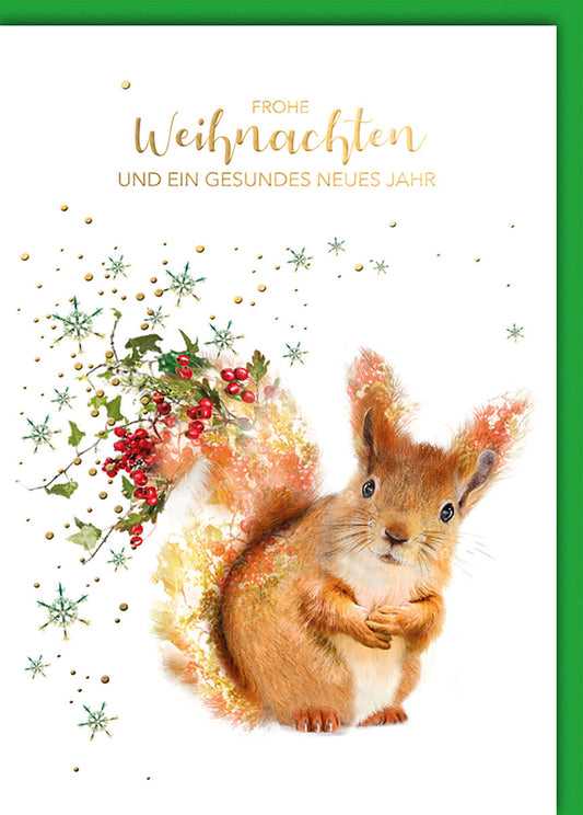 Weihnachtskarte Tiere – Aquarell Eichhörnchen mit Beeren und Schneeflocken-Design