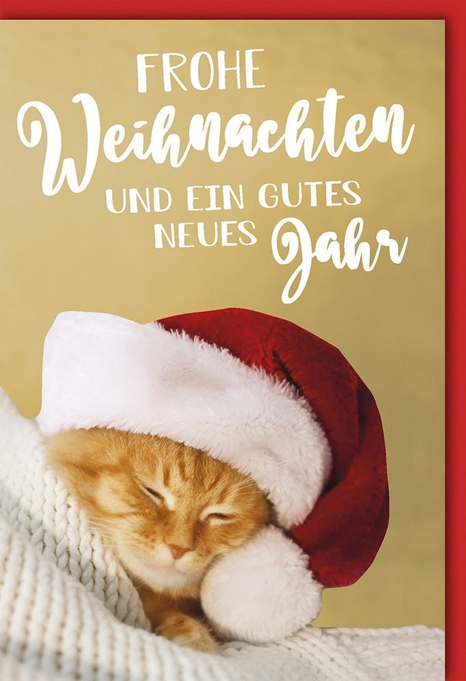 Weihnachtskarte mit schlafender Katze und Weihnachtsmütze Frohe Weihnachten und ein gutes neues Jahr liebevolle Grußkarte für die Festtage